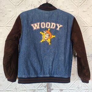 Vtg Disney Store Denim Varsity Jacket Toy Story Woody L Barn Chore Collegiate